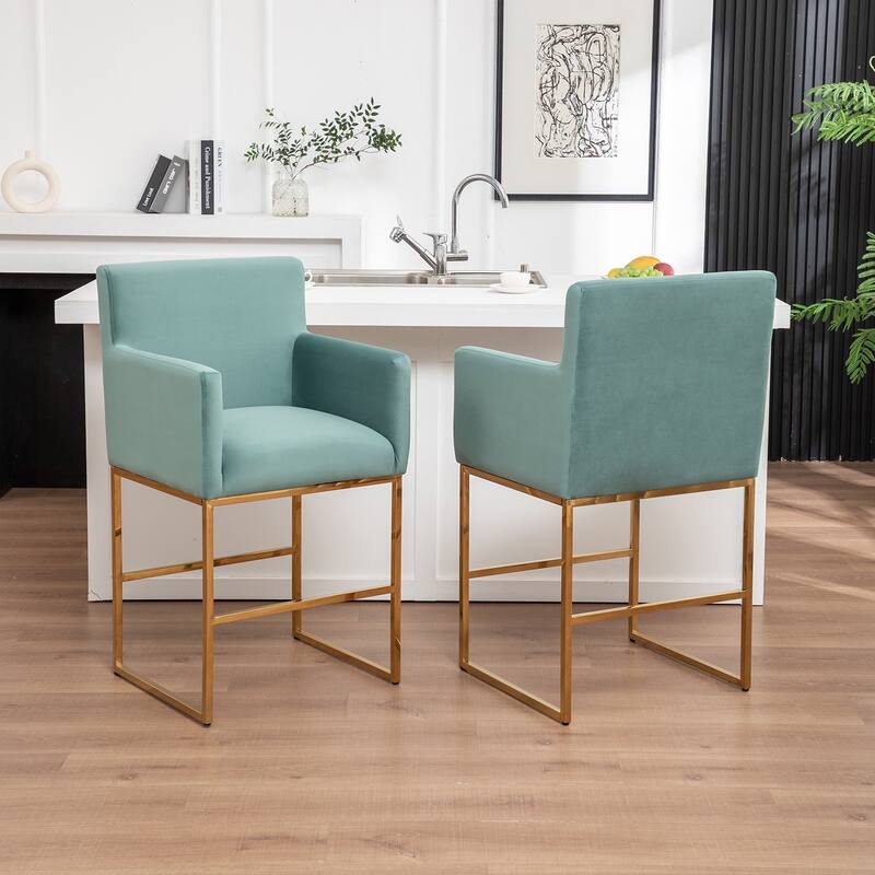 SEYNAR Mid Century Modern Velvet Accent Armrest 27-inch Tall Bar Stool Set of 2 with Metal Frame