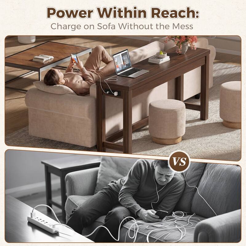 63-In Console Table with Charging Station, Farmhouse Entryway Table/ Behind Couch Table