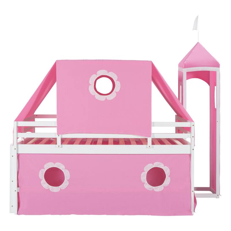 Castle Frame Bed Wood Loft Bed Loft Bed Convertible To Mini Playground with Pink Tent and Tower, Child Bed Tent