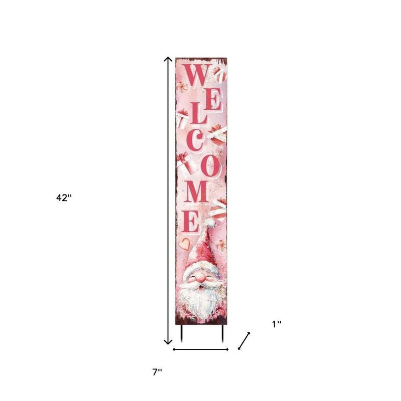 HomeRoots 42" Pink And White Solid Wood Welcome Christmas Santa Garden Stake