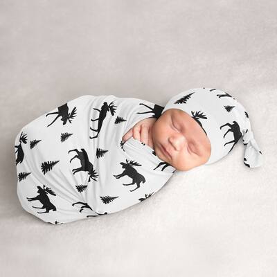 Woodland Moose Collection Boy Baby Cocoon and Beanie Hat Sleep Sack - 2pc Set - Black and White Forest Animal Rustic Patch