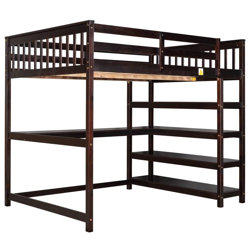 Full Size Loft Bed with Storage Shelves and Under-bed Desk in Espresso Finish