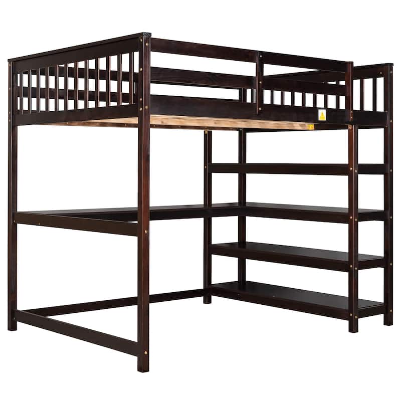 Wood Loft Bed w/Desk, Full Size Loft Bed w/Shelves and Under Bed Desk