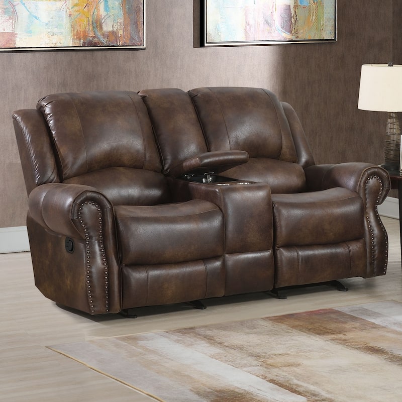 Steve Silver Saddle Brown Faux Leather Manual Reclining Console Loveseat