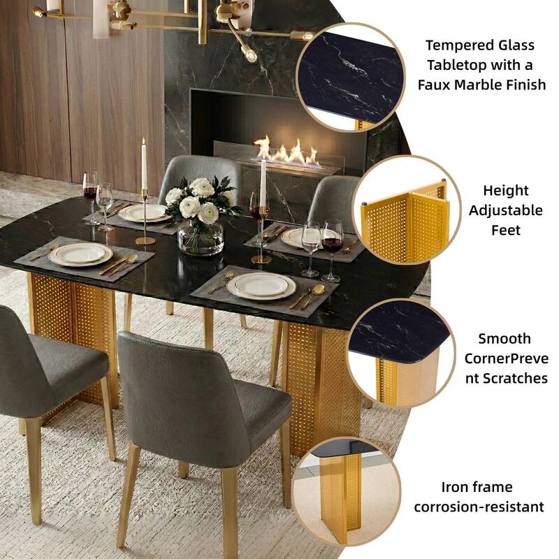 Rectangular Tempered Glass Dining Table for 6, Featuring a Marble-Patterned Design with Golden Hollow-Out Metal Legs