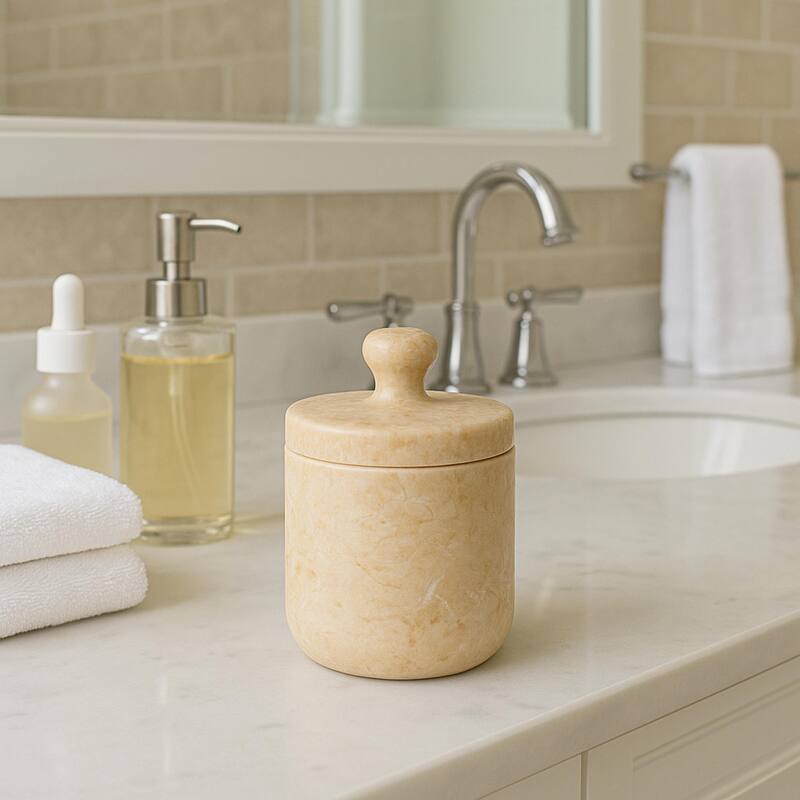 Creative Home Notch Collection Champagne Marble Cotton Ball Swab Holder, Bathroom Storage Jar - Beige
