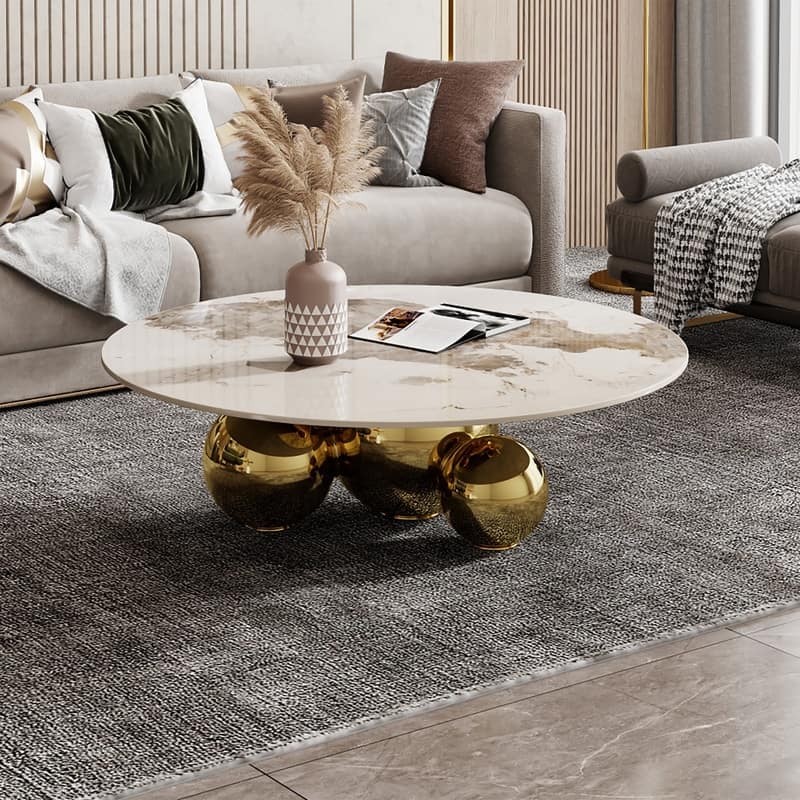 39.43" Modern Sintered Stone Coffee Table, Glossy Tabletop, Gold Stainless Steel Legs - 39.4" x 39.4"