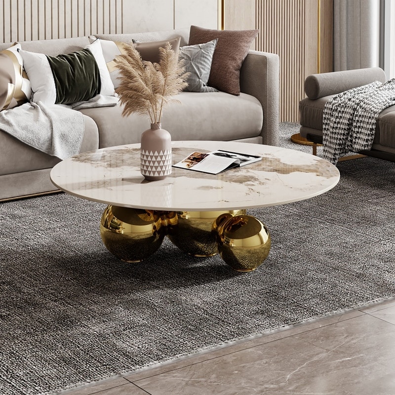 39.43" Modern Sintered Stone Coffee Table, Glossy Tabletop, Gold Stainless Steel Legs - 39.4" x 39.4"
