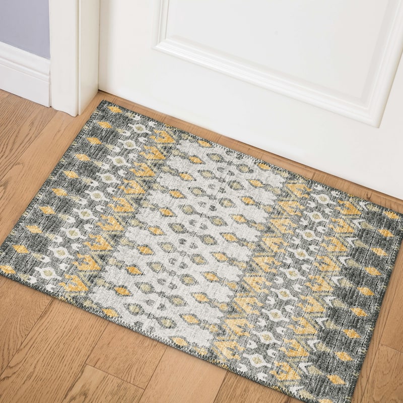 Machine Washable Indoor/ Outdoor Addison Bravado Geometric Ikat Rug - Gray - 1'8" x 2'6"