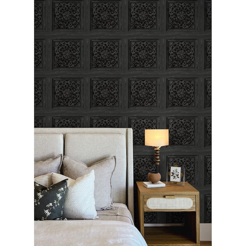 Carved Floral Black Peel and Stick Wallpaper