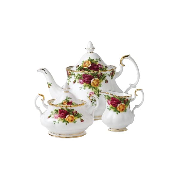slide 2 of 8, Royal Albert Old Country Roses Teapot, Sugar, Creamer, 3 Piece Set