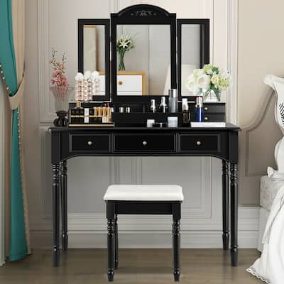Gymax 7 Drawers Vanity Set Dressing Table w/ Tri-Folding Mirror Black