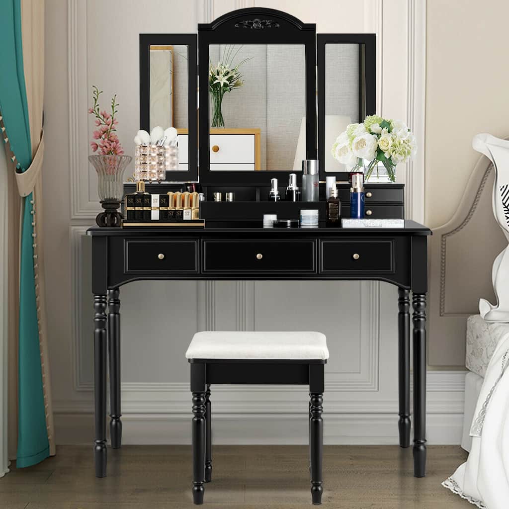 Gymax 7 Drawers Vanity Set Dressing Table w/ Tri-Folding Mirror Black
