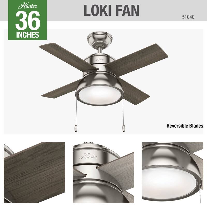 Hunter 36" Loki Ceiling Fan with LED Light - Bedrooms, Home Office, Laundry - Rustic, Farmhouse