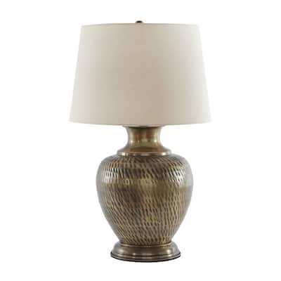 Pot Bellied Metal Body Table Lamp with Hammered Details, Brass and White
