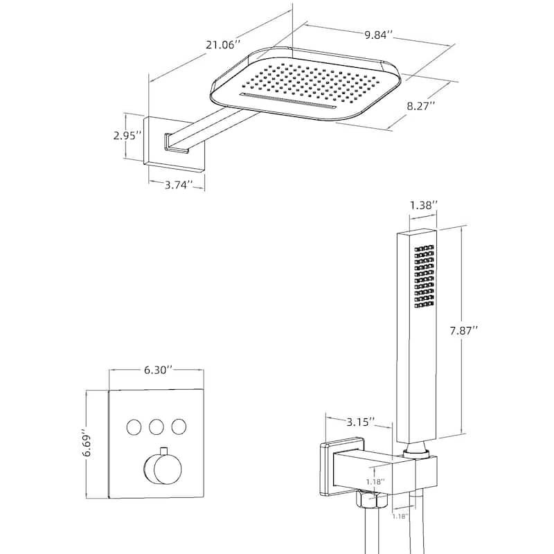 Modland 3-function Square Thermostatic Rainfall Shower System with High-pressure Handheld Shower, Black/Nickel/Chrome