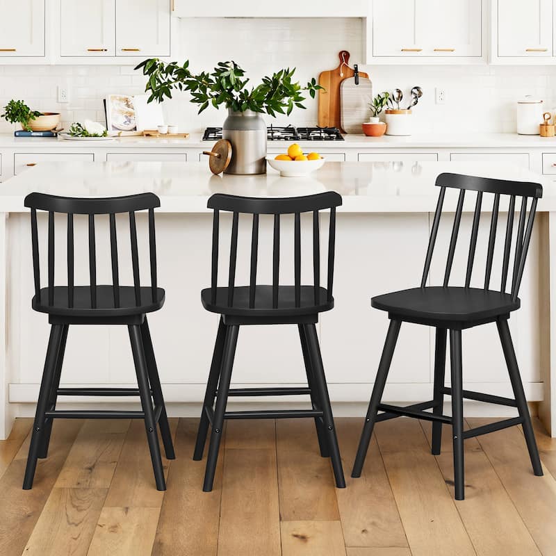 24.in Counter Height Seating Stool Windsor Wooden 360-degree Swivel Barstools for Kitchen Island - Black - Set of 3