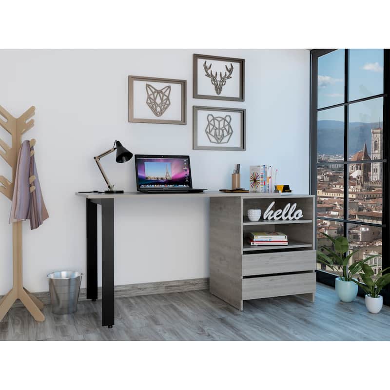 FM Furniture Pragma 120 Writing Desk with 2 Drawers, 2 Open Shelves, and Steel Legs - Light Gray