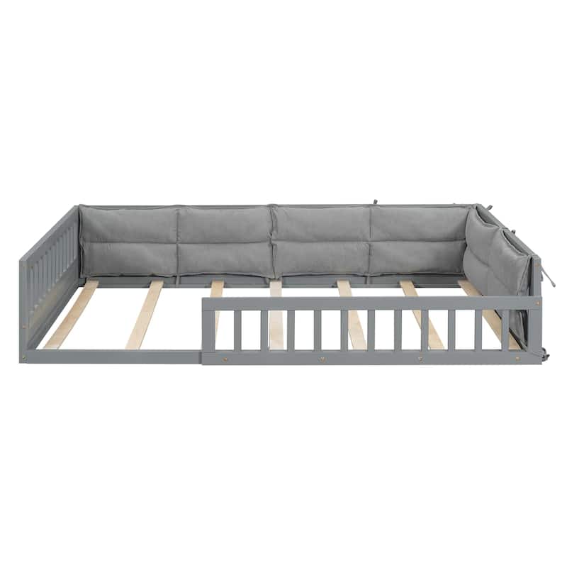 Full Size Upholstered Wood Platform Bed with Guardrail and Pillow for Bedroom