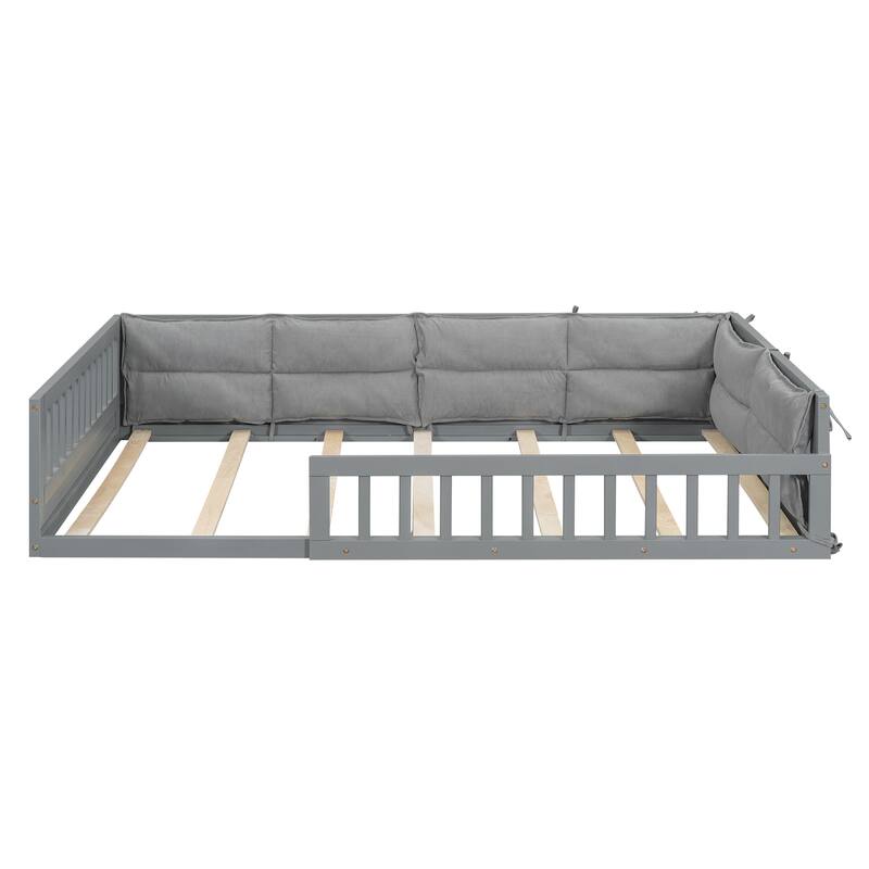 Wood Full Size Upholstered Platform Bed with Guardrail and Pillow