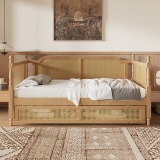 Traditional Style Rattan Full Size Daybed with 2 Drawers ,Antique Walnut