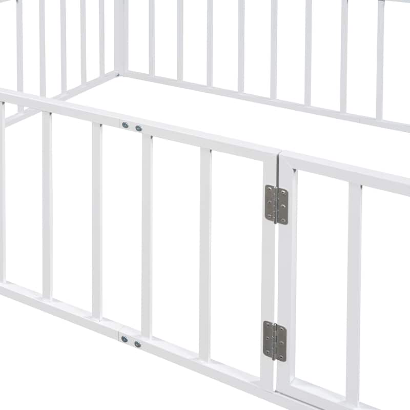 White Full Size Metal Floor Bed Frame with Fence and Door for Kids