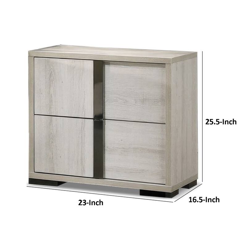 Hyao Nightstand, 26 Inch, 2 Drawers, Chrome Handles, White Wash Veneer