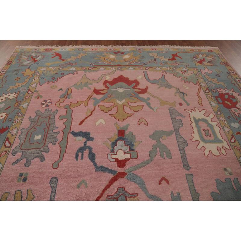 Pink Oushak Area Rug Handmade Transitional Floral Wool Carpet - 9'0"x 12'0"