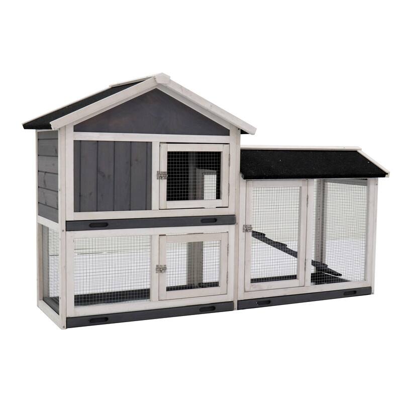 Mieres Rabbit Hutch, Large Bunny Cage with Removable Bottom Wire Mesh Rabbit Cage, UV Panel, Deeper No Leak Tray - L-Grey