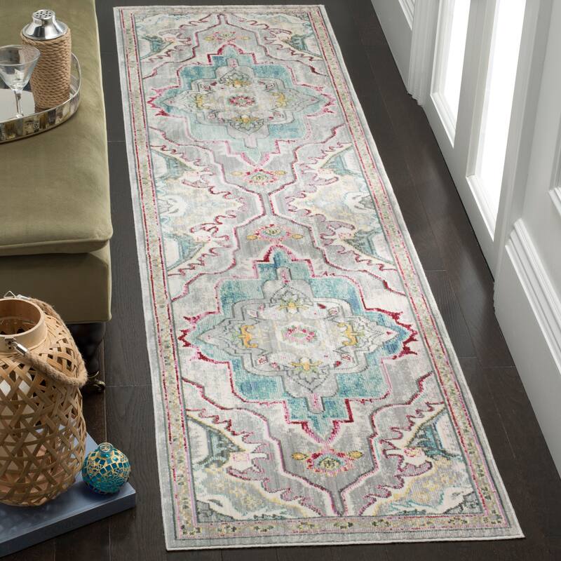 SAFAVIEH Mystique Adila Oriental Polyester Rug - 2'3" x 8' Runner - Grey/Light Blue