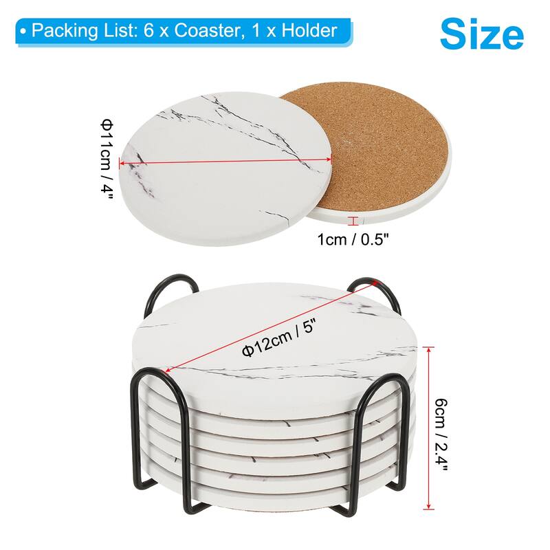 Ceramic Stone Coasters, 6pcs Cork Base Cup Coasters Set with Holder - Grey