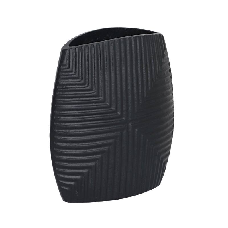 Ako 10 Inch Vase, Metal Ribbed Body Design, Curved Top, Matte Black Finish - Black