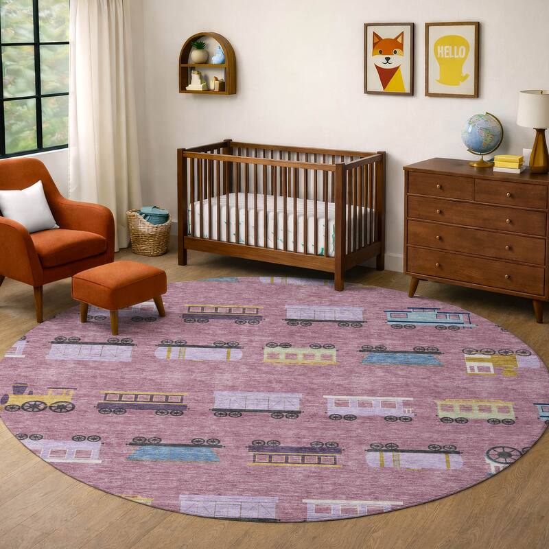Machine Washable Indoor/ Outdoor Modern Train Chantille Rug