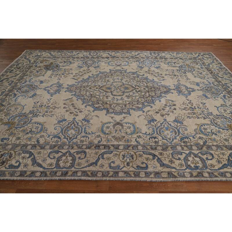 Tabriz Persian Area Rug Hand-Knotted Beige Floral Wool Carpet - 8'2"x 10'9"