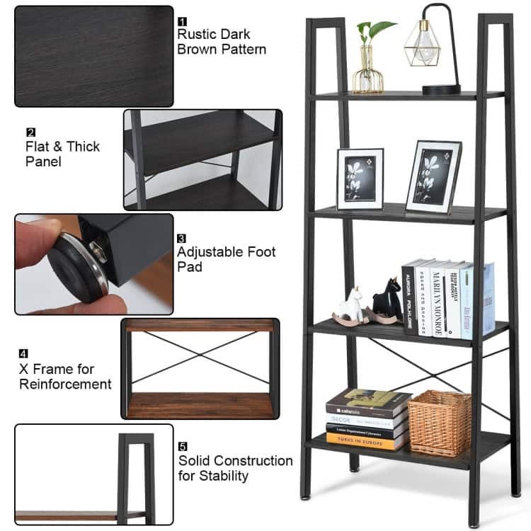 4-Tier Ladder Shelf Bookcase Bookshelf Display Rack Plant Stand - 24"(L) x 13"(W) x 58"(H)