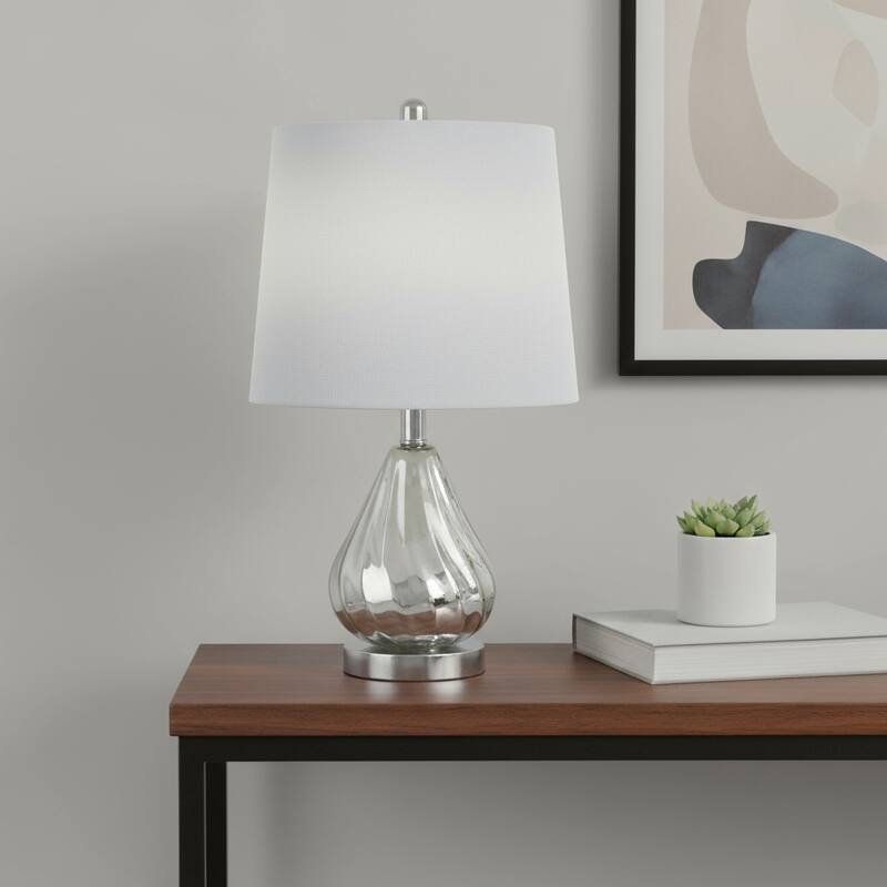 HomeRoots 21" Silver Glass And Metal Scalloped Table Lamp With Gray Drum Shade - 12.00 in. x 20.50 in. x 12.00 in. - Silver/Gray - 12.00 in. x 20.50 in.  x 12.00 in.