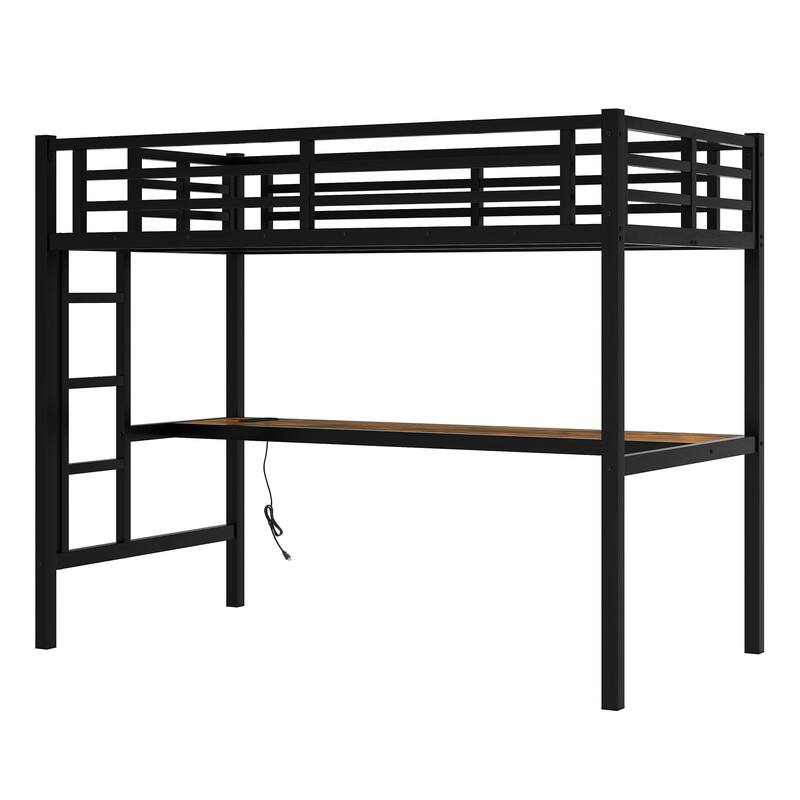 High Metal Twin XL Size Loft Bed Frame with Light Strip, USB, Power Outlet, Wood Desk, Ladder and Safety Guardrails