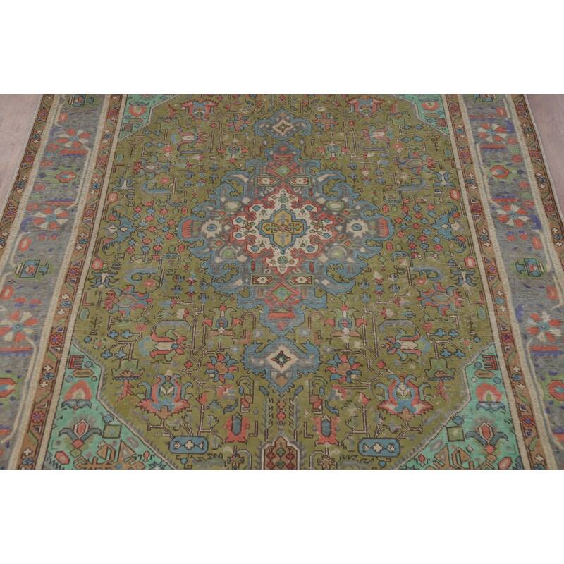Green Tabriz Persian Vintage Area Rug Traditional Handmade Wool Carpet - 6'4" x 9'5"