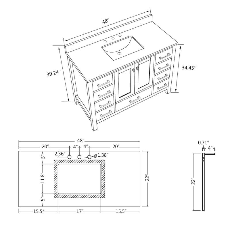 Proox 48 in Freestanding Bath Vanity Engineered Countertop and Porcelern Sink