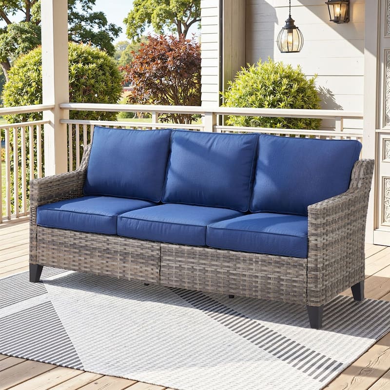Glissia 3-Seat Handwoven Gray Wicker Patio Sofa with 4-Inch Thick Cushions - Navy Blue Cushions - Gray Wicker