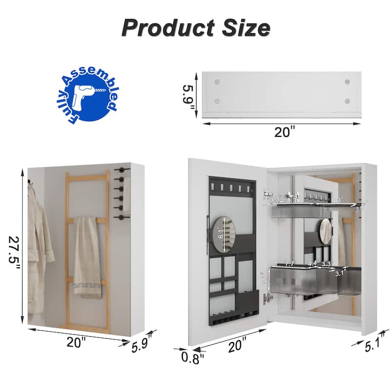 Multi-Function Mirror Cabinet Wall-Mounted Storage with Adjustable Organizer Boxes