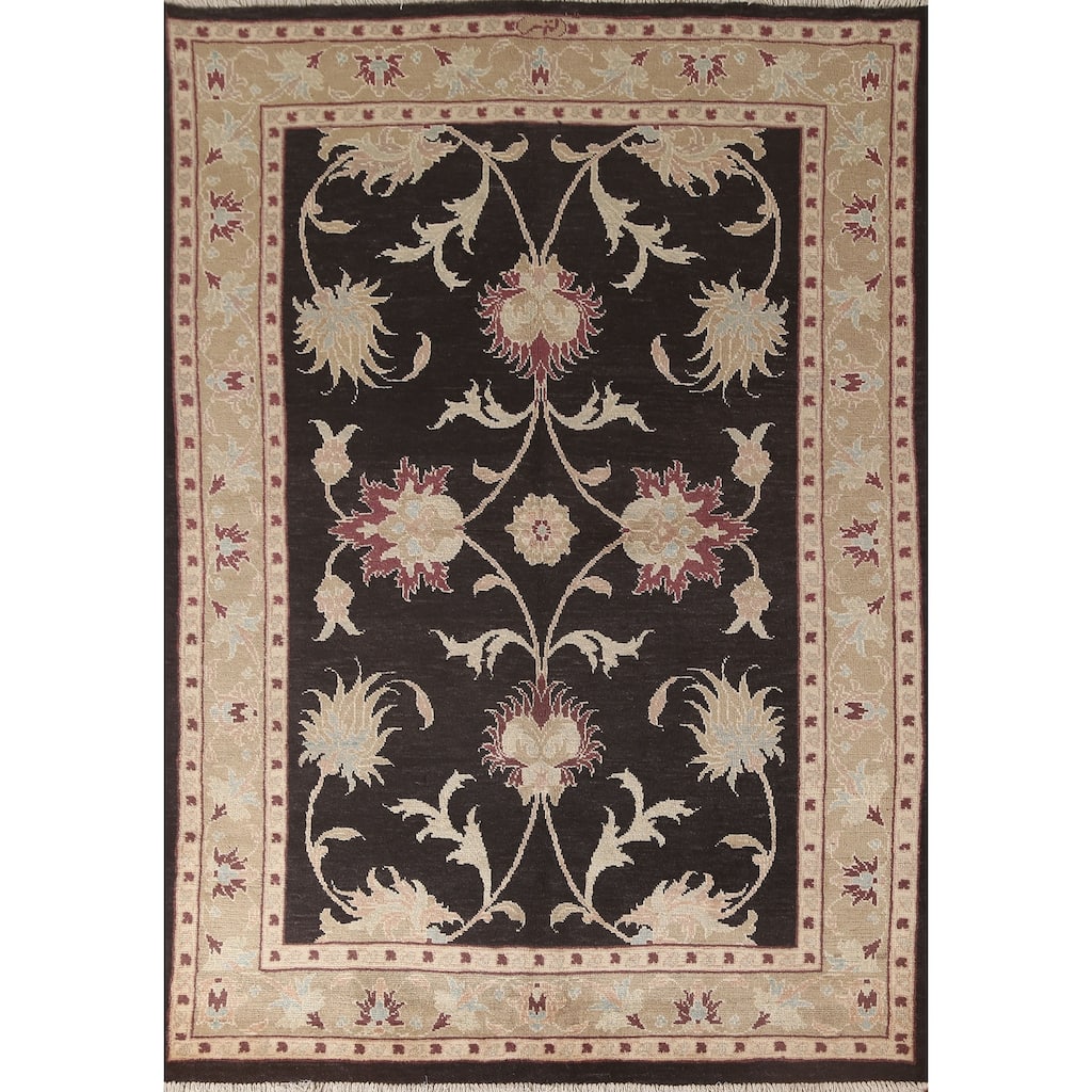 Black Floral Oushak Oriental Area Rug Hand-Knotted Wool Carpet - 5'5" x 7'9"