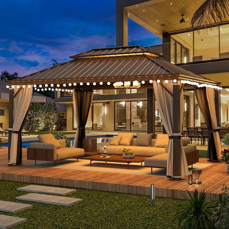 EROMMY Hardtop Gazebo with Galvanized Steel Roof and Curtains, Outdoor Aluminum Pavilion for Patio, Backyard, Lawn