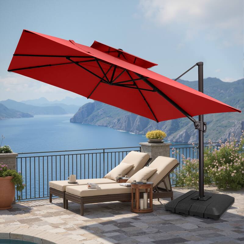 Pellebant 11X11FT Outdoor Patio Cantilever-Offset 360-Degree Rotation Umbrella with Premium Base - Red
