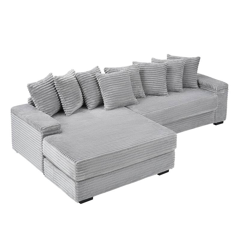 111.4 " L-Shaped Corduroy Sofa with 8 Throw Pillows and Footstool