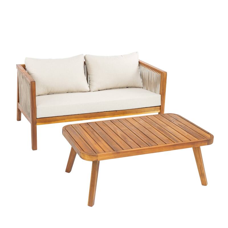 Christopher Knight Home - Outdoor Modern Solid Acacia Wood 2-Piece Conversation Set with Rope Arm Loveseat and Coffee Table