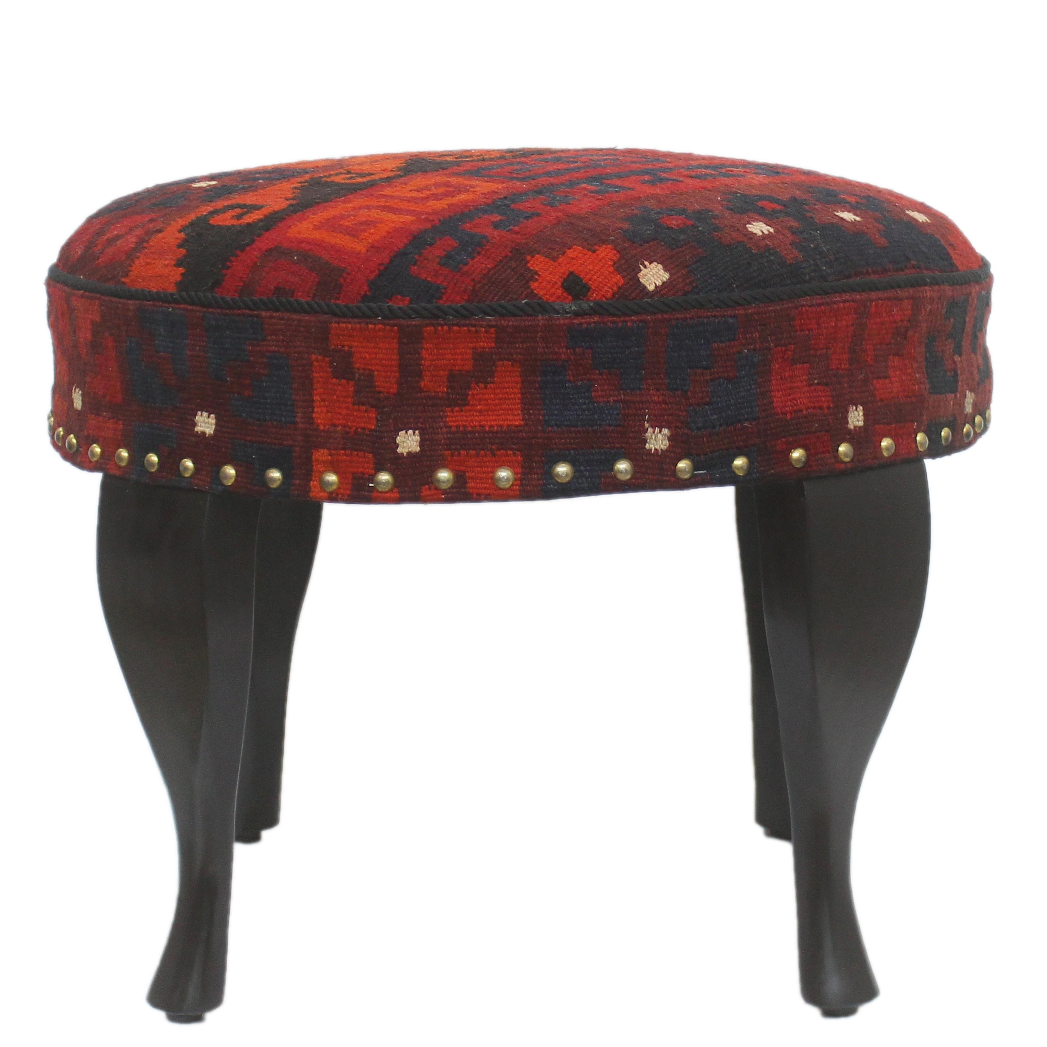 Multi Colour Red Kilim Footstool Foot Rest Seat Wool Cotton Geometric Design 