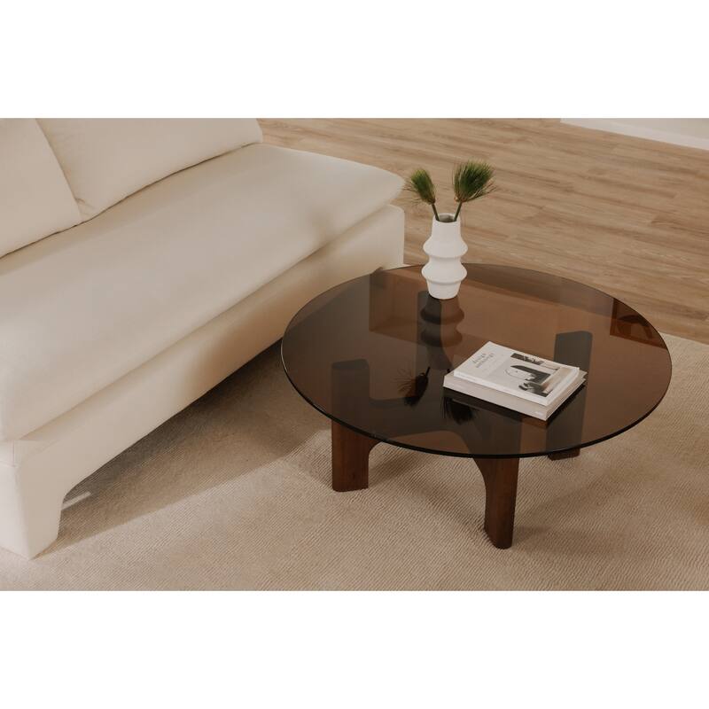 NADAAL STUDIOS Thea Coffee Table, Oval Amber Tempered Glass Top, Rubber Wood Legs, Amber
