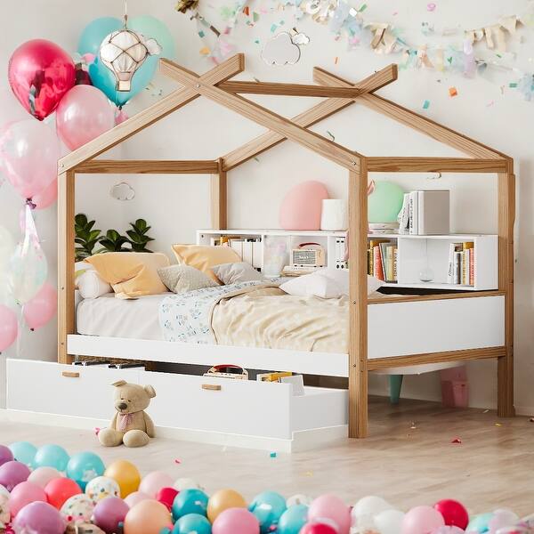 slide 2 of 7, Twin Size Wooden House Bed, Kids Bed Frame w/2 Drawers and Bookshelf Storage Space for Guest Room Walnut - Twin