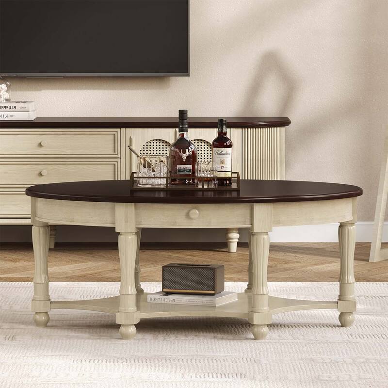 Oval Coffee Table with Drawer and Storage Shelf